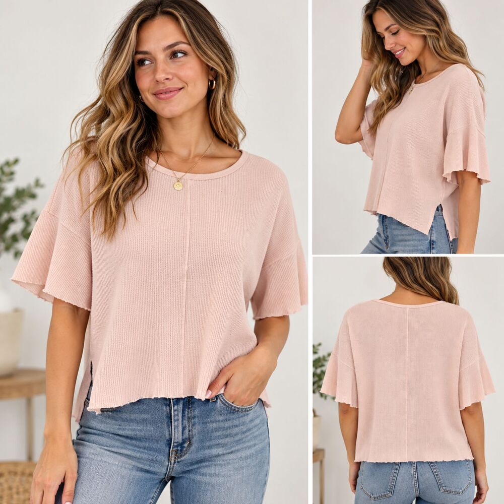 Daniel Patrick Pink Cotton Waffle Knit Flutter Sleeve Top Medium M - Picture 1 of 9